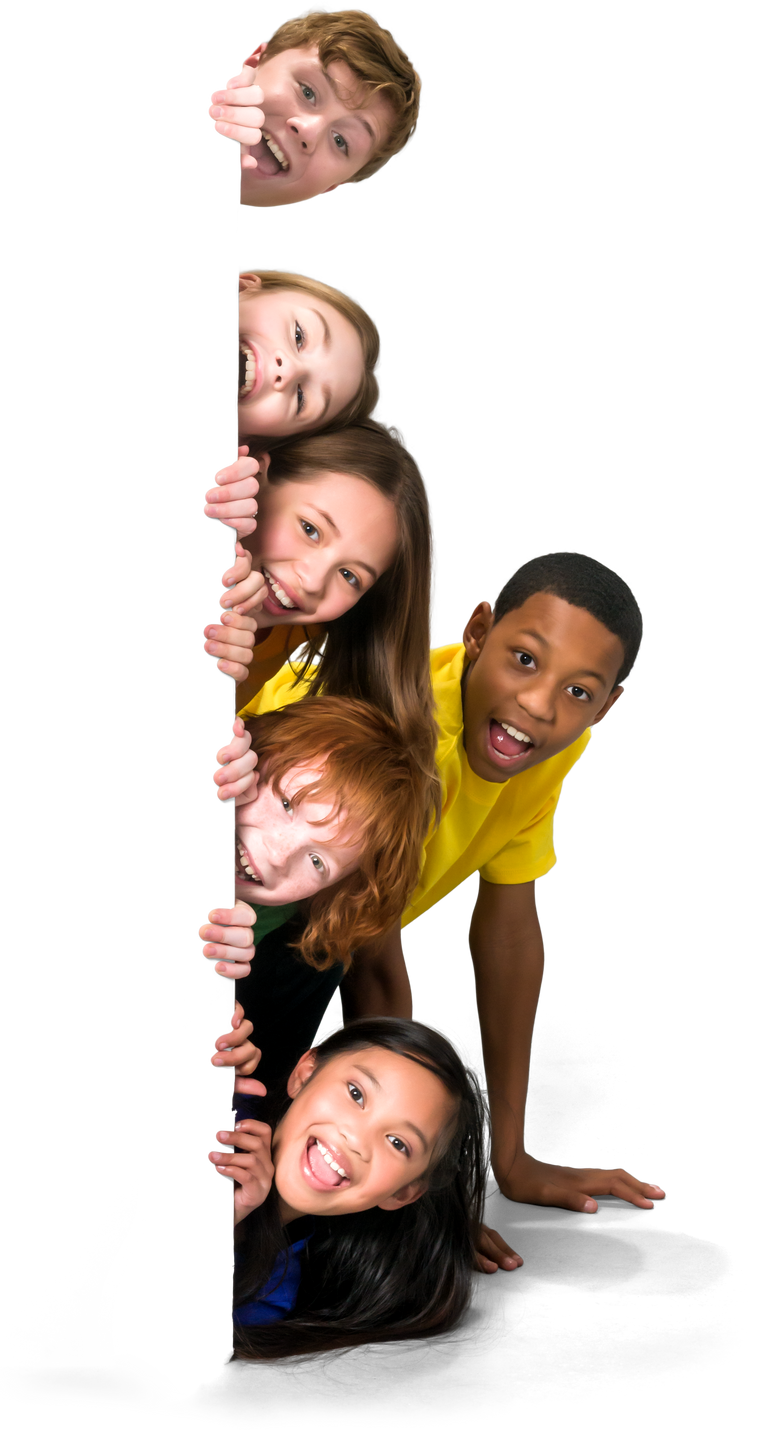 Group of young children peeking around a corner - Isolated